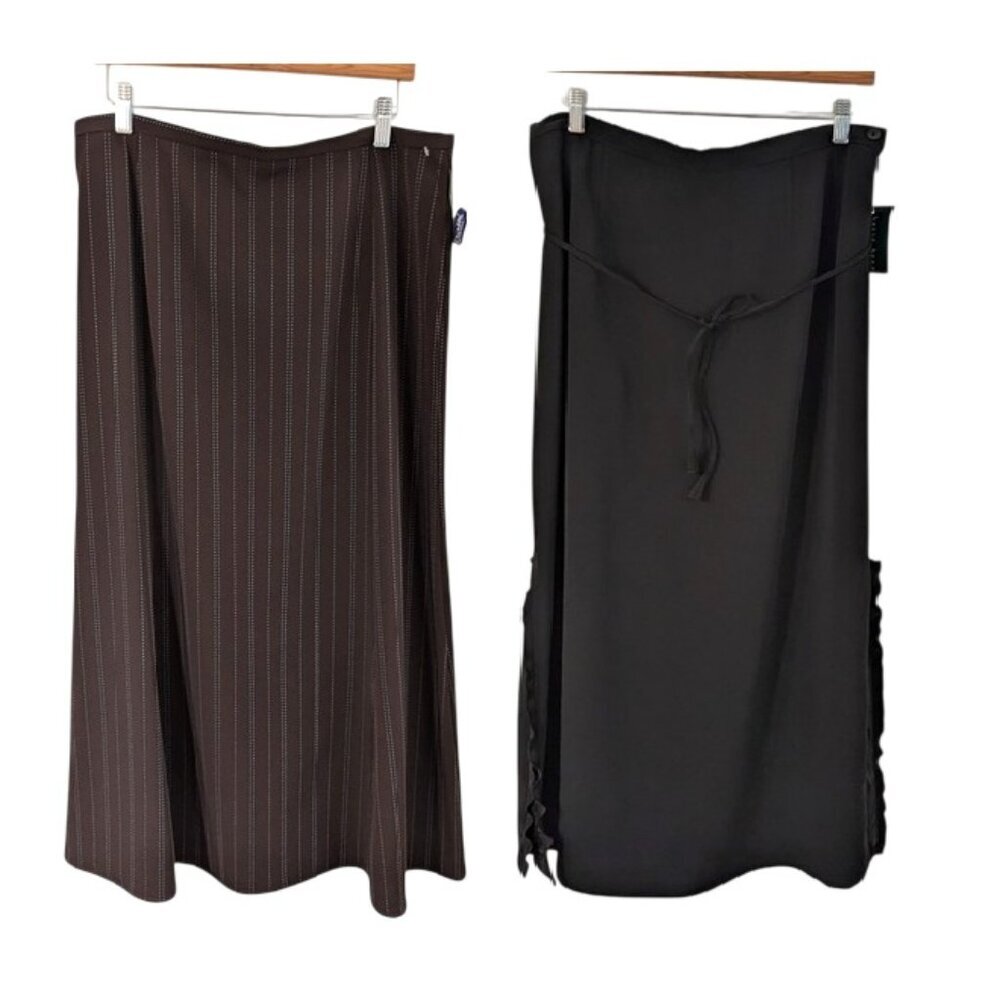 Bundle of 2 Harve Benard Chocolate Pinstripe & Black Ruffle A-Line Skirt Sz 14